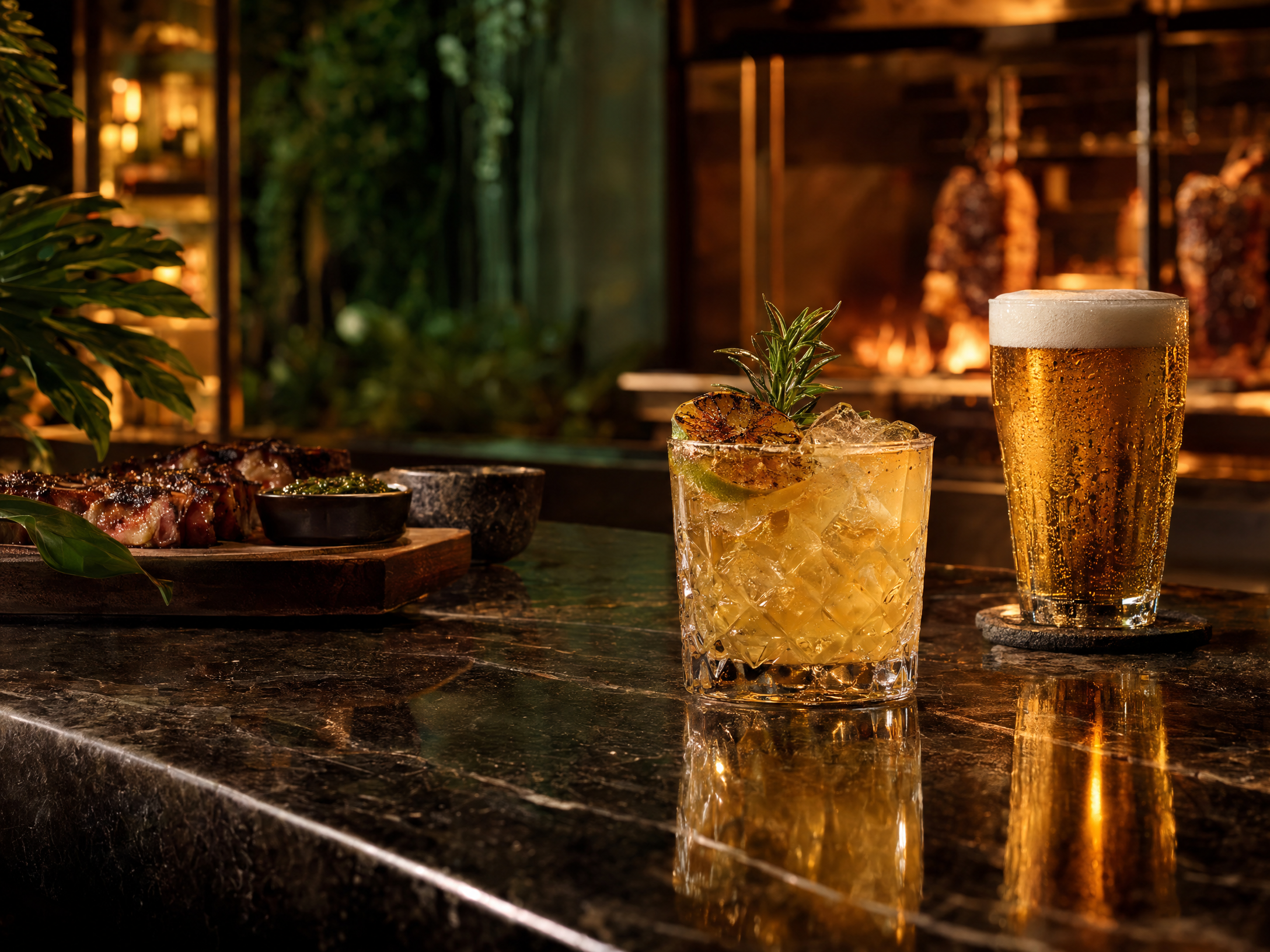 Drink e cerveja em um bar de restaurante com luz quente