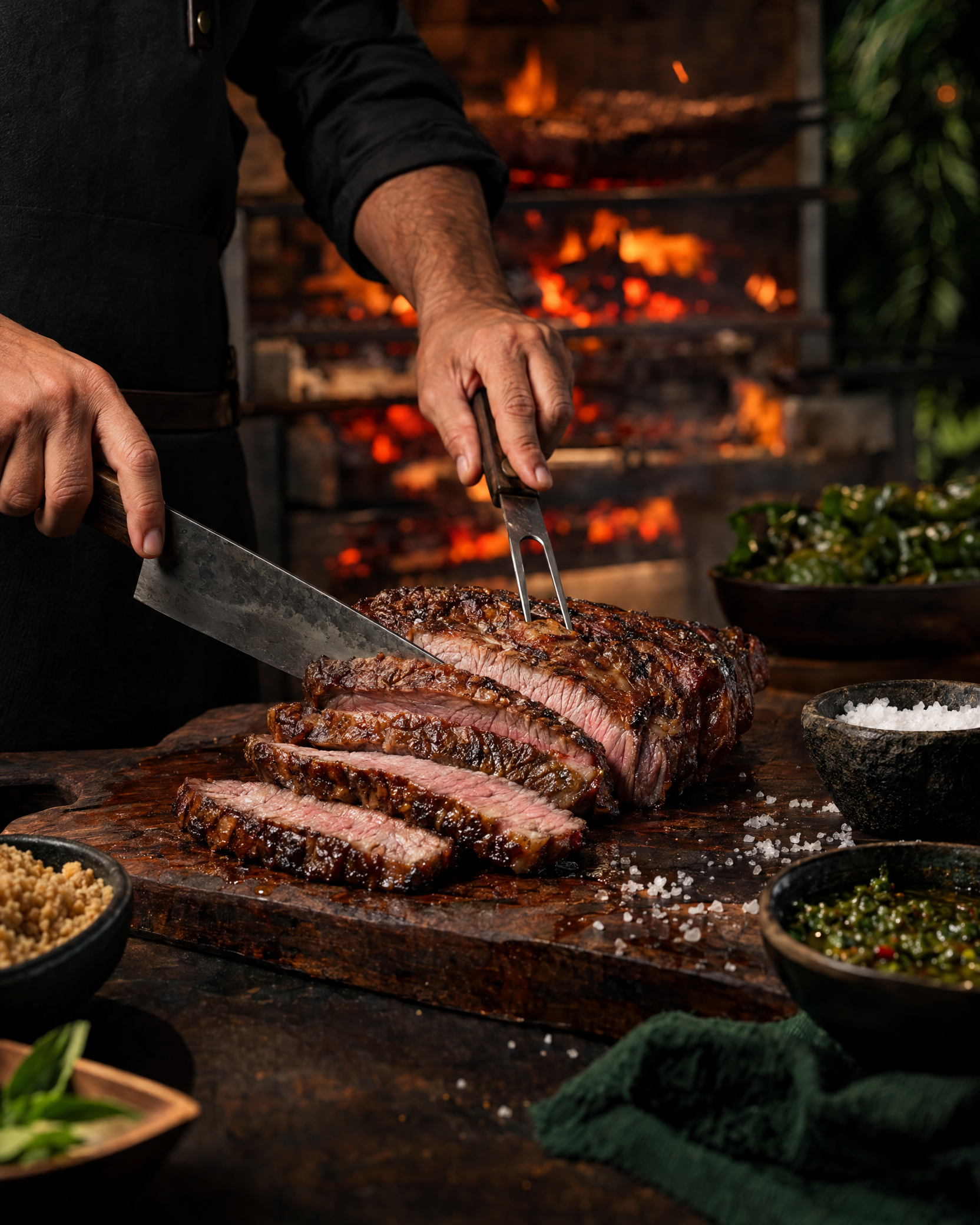 Filé sendo fatiado sobre uma tábua, com calor da chapa ao fundo