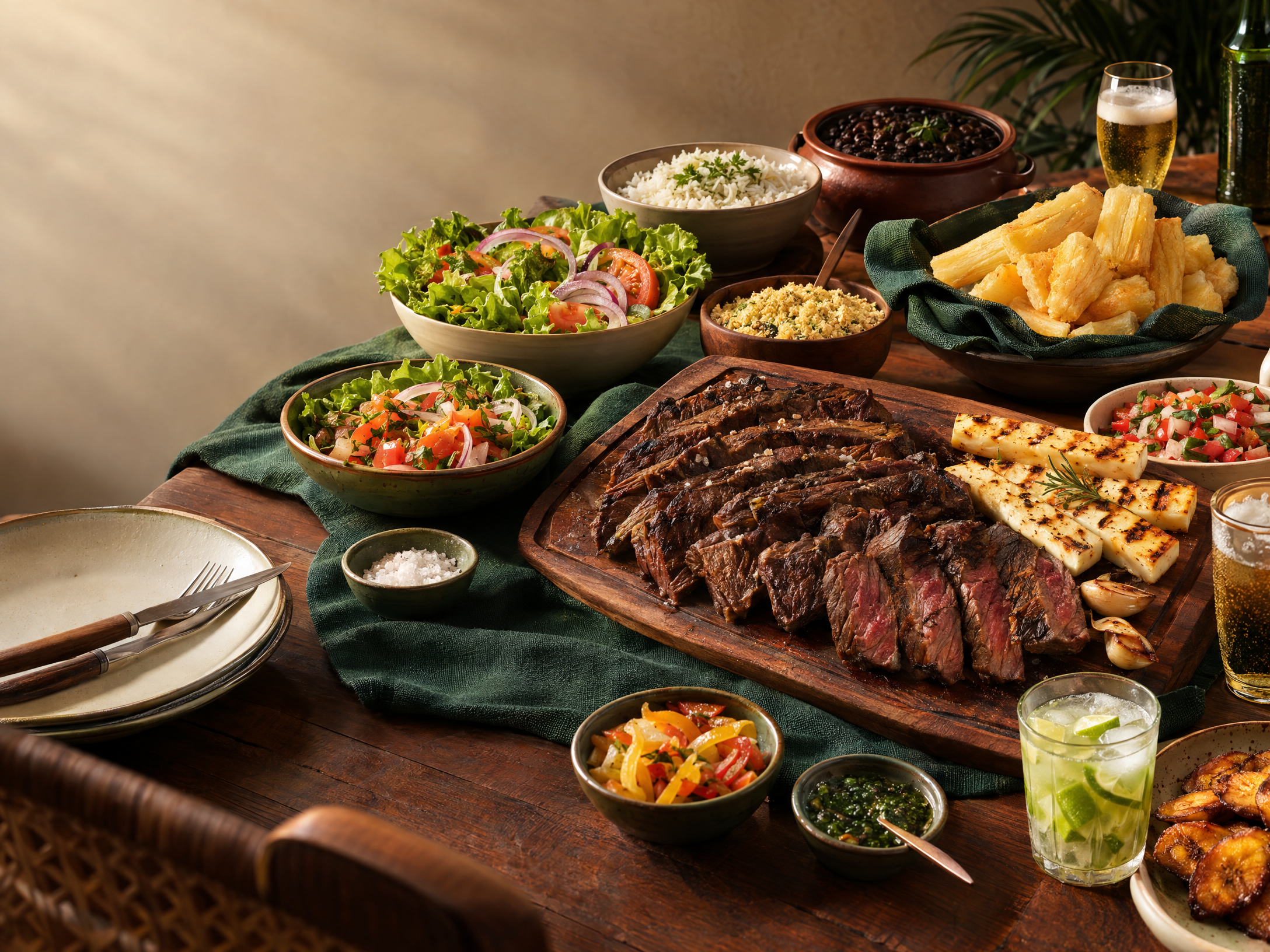 Mesa brasileira com carne de sol, acompanhamentos e bebidas